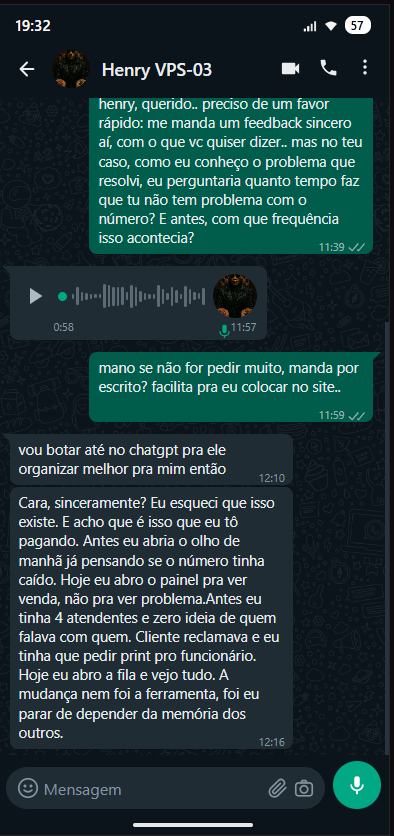 depoimento no WhatsApp: hoje abro o painel pra ver venda, não pra ver problema — parei de depender da memória dos outros
