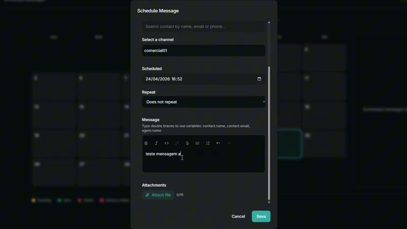 janela de agendamento de mensagem com data e hora marcadas dentro do painel